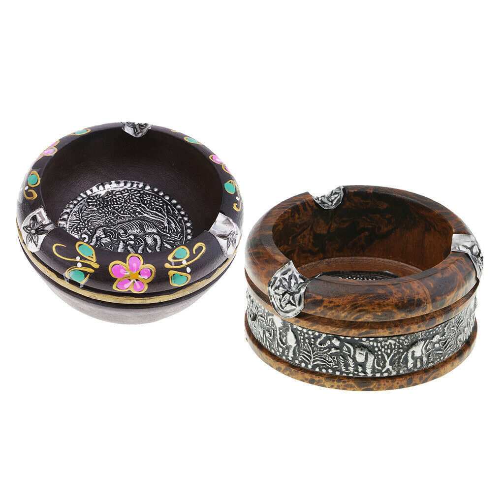 2x Leopard/Painted Print Solid Wooden Ashtrays Round Thailand Style Ashtrays