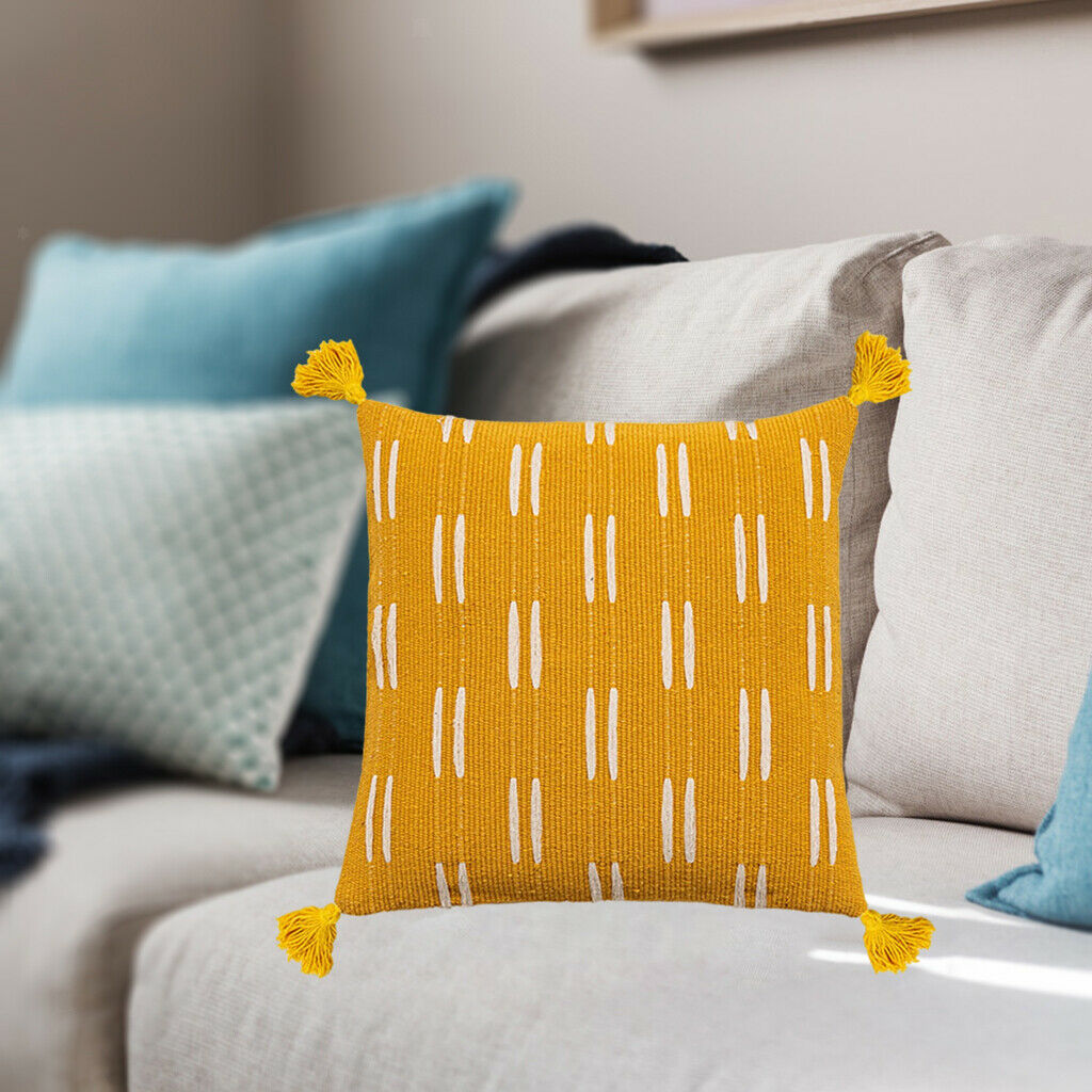 Soft Pillow Cover Tassels Invisible Zipper Living Room Couch Yellow Square