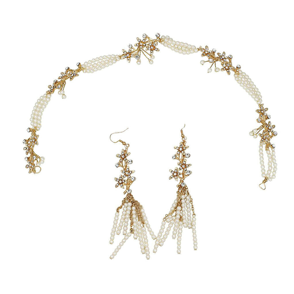 Women Bridal Hair Band Pearls Earrings Set Wedding Party Prom Headpiece