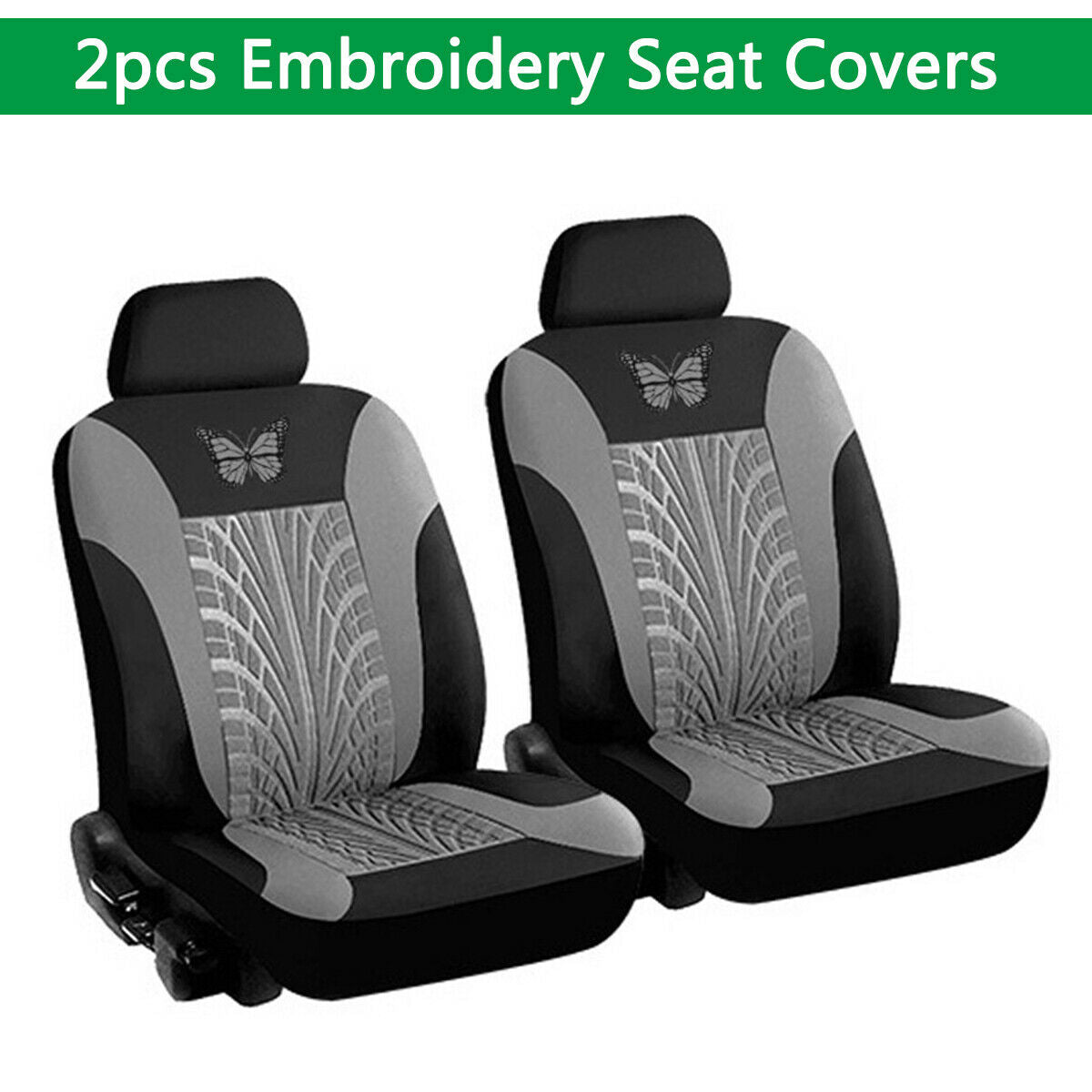 Breathable Embroidery Car Seat Cover 2PC Front Seat Cushion Mat Pad Grey & Black