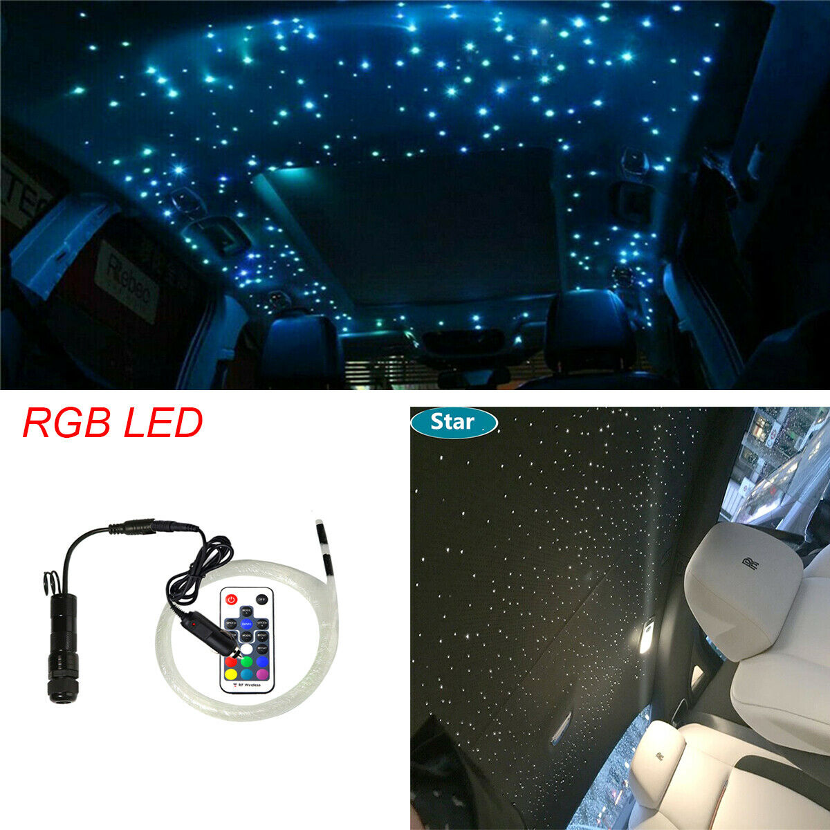 12V Car SUV Ceiling Top RGB LED Fiber Optic Starlight Kit with Remote Control