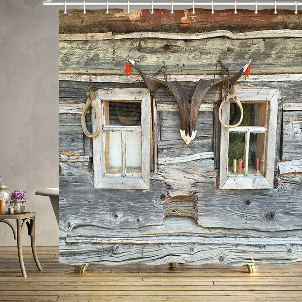 4PCS Rustic Wood Farm House Shower Curtains Sets with Toilet Cover Rugs Bath Mat