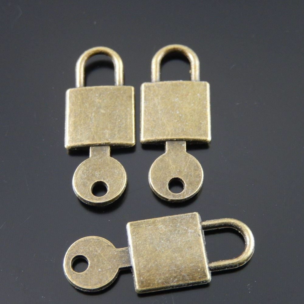 20 pcs Antiqued Bronze Alloy Lock Key Pendant Charm For Jewelry Making 25x9mm