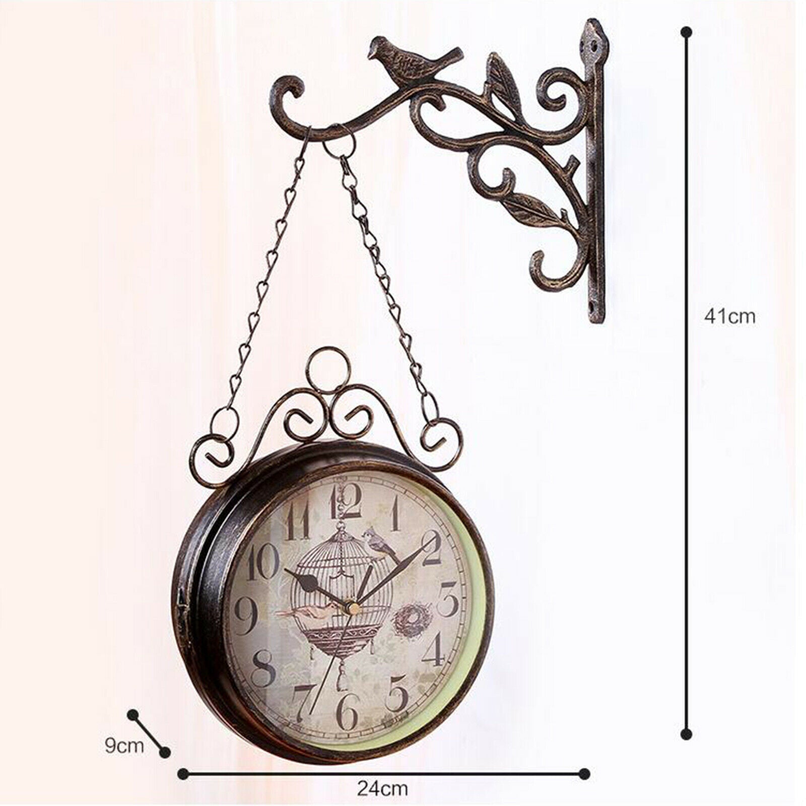 Double Sided Wall Clock Metal Decoration Retro Quiet for Garden Kitchen