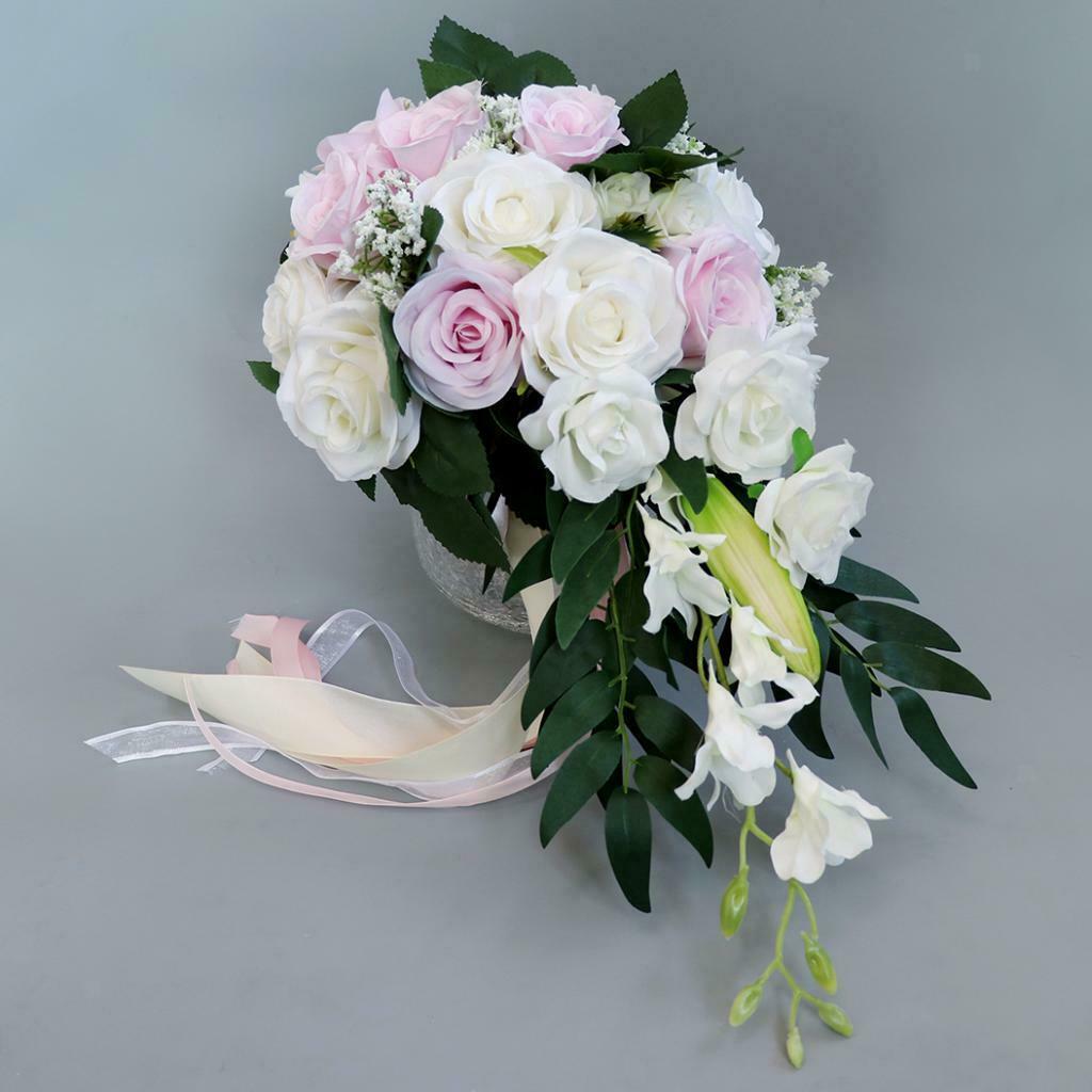 Wedding Hand Bouquet Bridal Holding Artificial Flowers White + Pink