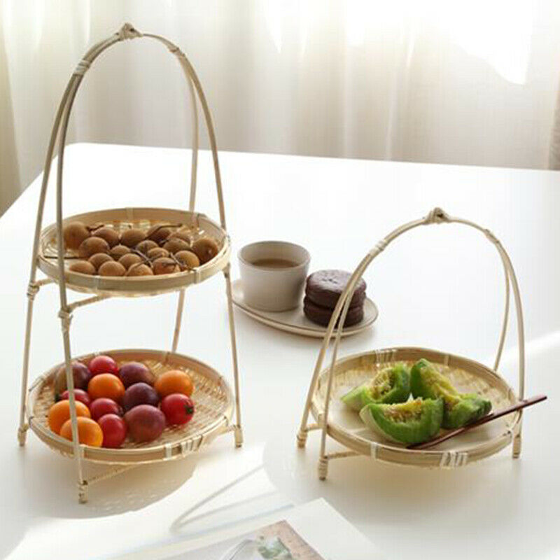 Bamboo Weaving St Baskets Tier Rack Wicker Fruit Bread Food Storage Kitchen DeY5