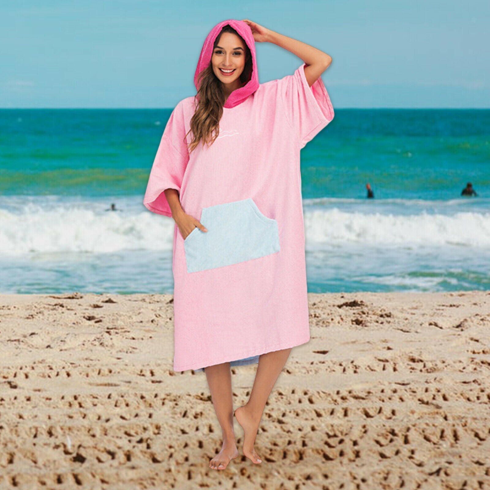 Surf Poncho Change Robe Hooded Thick Wetsuit Towel for Sports Men Women Pink