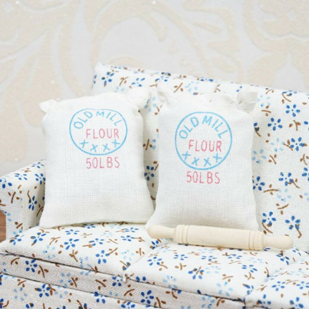 1/12 Simulation Two Bags Flour Sack Rolling Pin Kitchen Room Ornaments