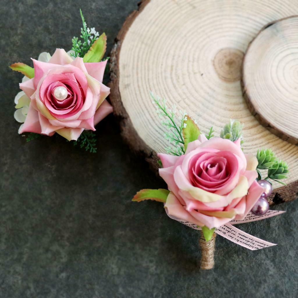 2pcs Rose Boutonniere Buttonhole Corsage Wedding Flowers Groom Bridal