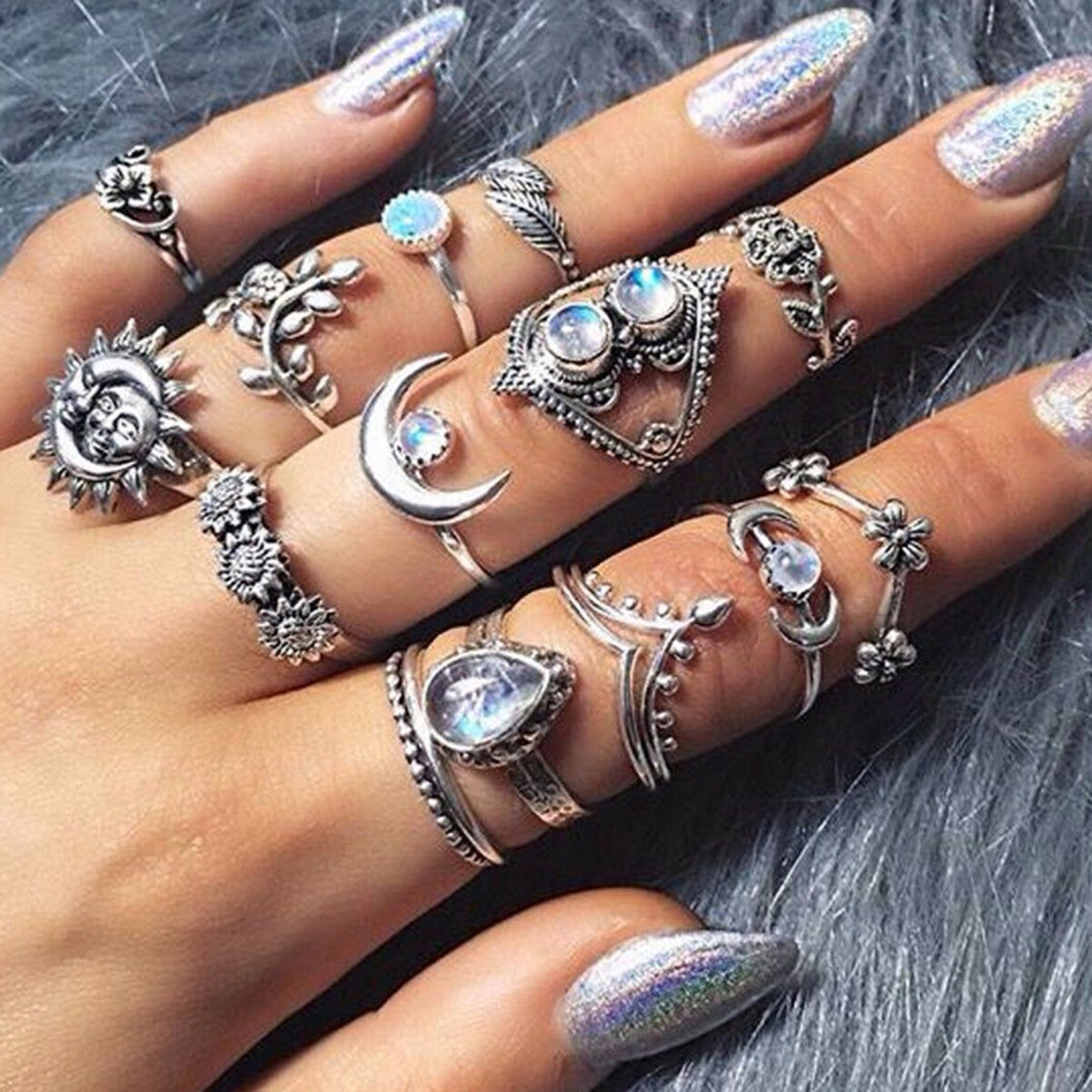 14 PCS/set BOHO Moon & Sun Knuckle Opal Finger Ring Set Leaf Flower Midi Rings