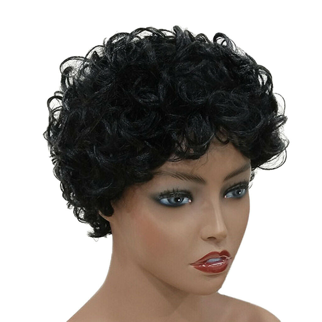 Natural Looking Real Human Hair Women Afro Curly Wig Short Finger Wave Curling