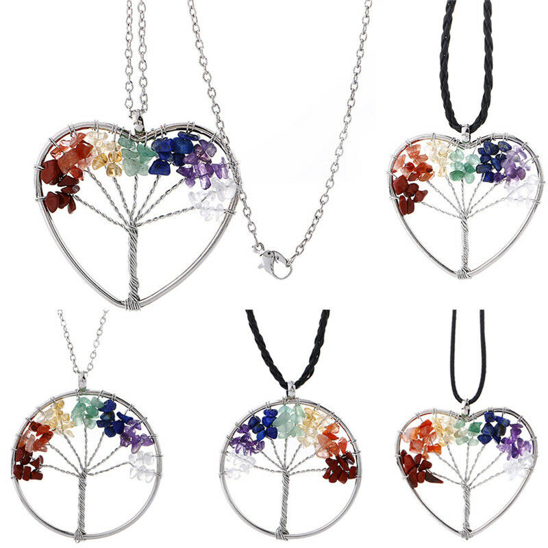 7 Chakra Healing Tree Of Life Pendant Necklace Crystal Natural Stone Neck.l8