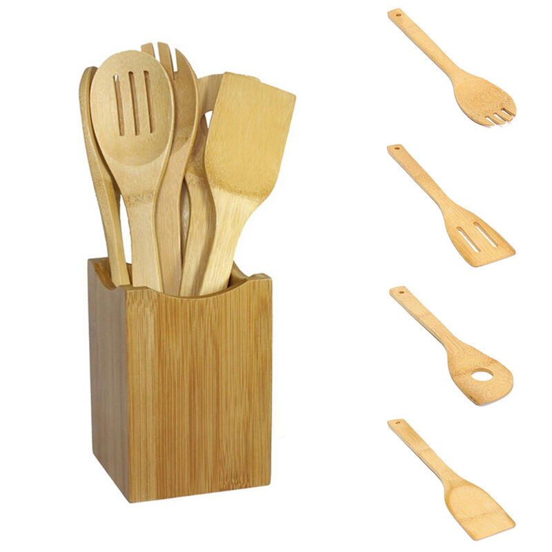 6x/Set Bamboo Utensil Kitchen Wooden Cooking Tools Spoon Spatula Mixing .DD
