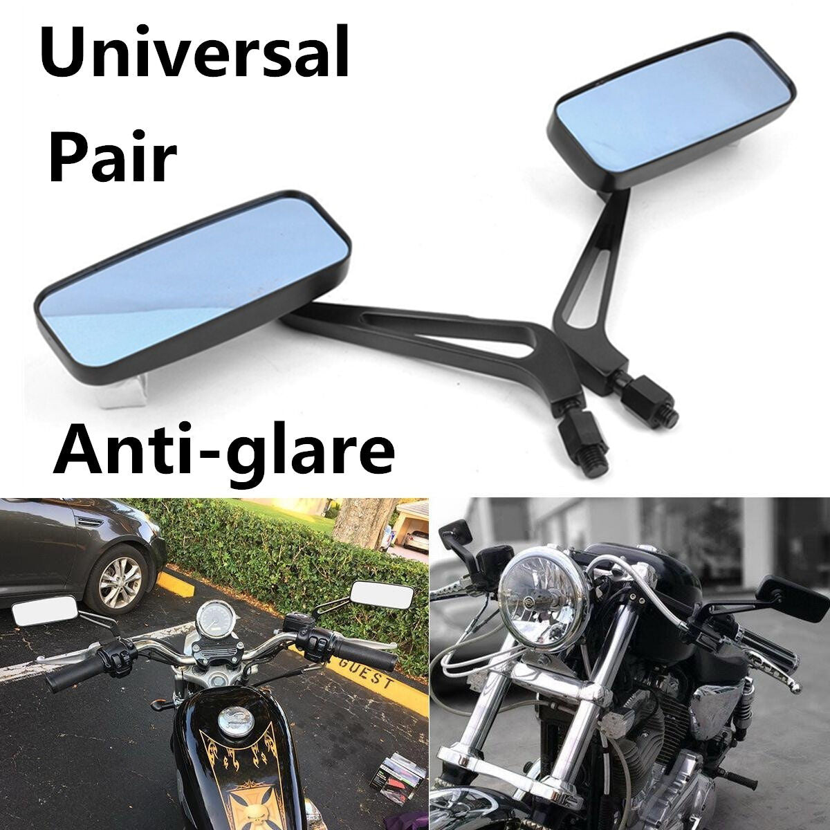 Anti Glare Blue Glass Y Black Motorcycle Rectangle Rearview Mirrors For Kawasaki