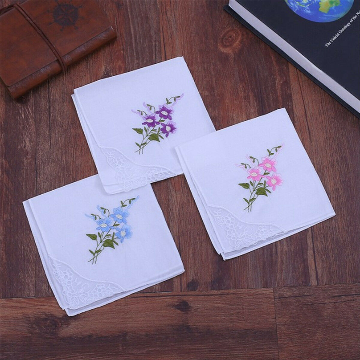 Cotton Embroidered Handkerchief With White Lace Corner Embroidery Handkerchief
