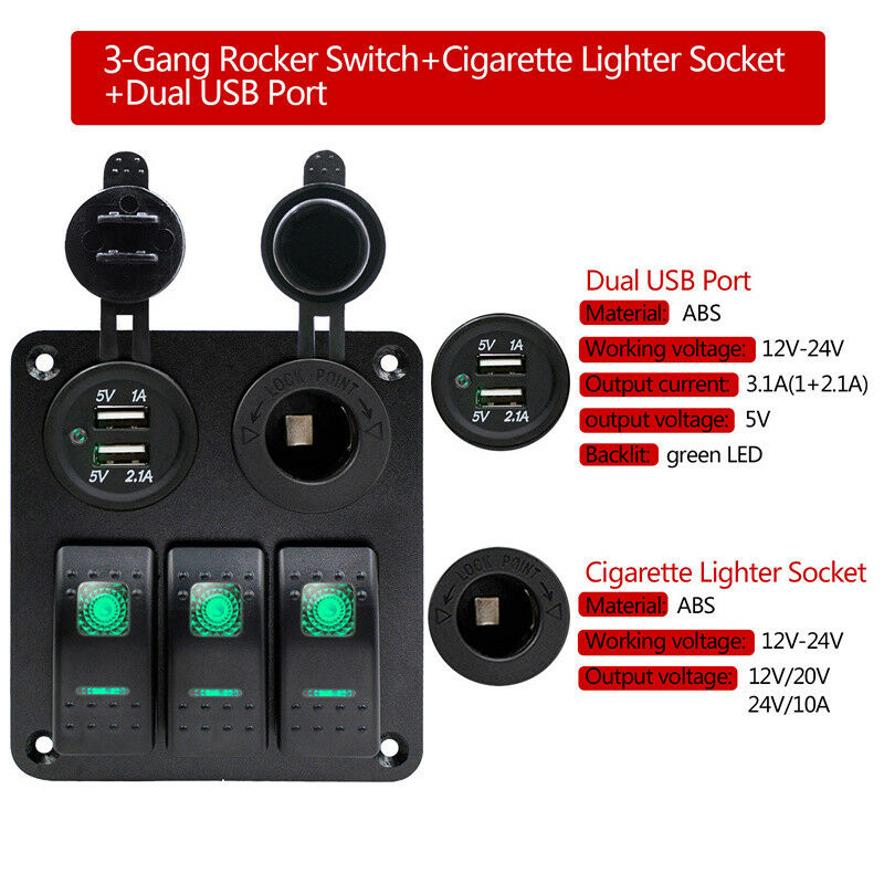 3-Gang Waterproof Car Marine Circuit Green LED Rocker Switch Panel Breaker IP67