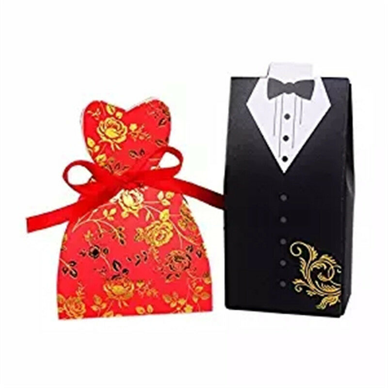 100pcs Wedding Favor Party Red Dress Tuxedo Bride and Candy Gift Box with Ribbon