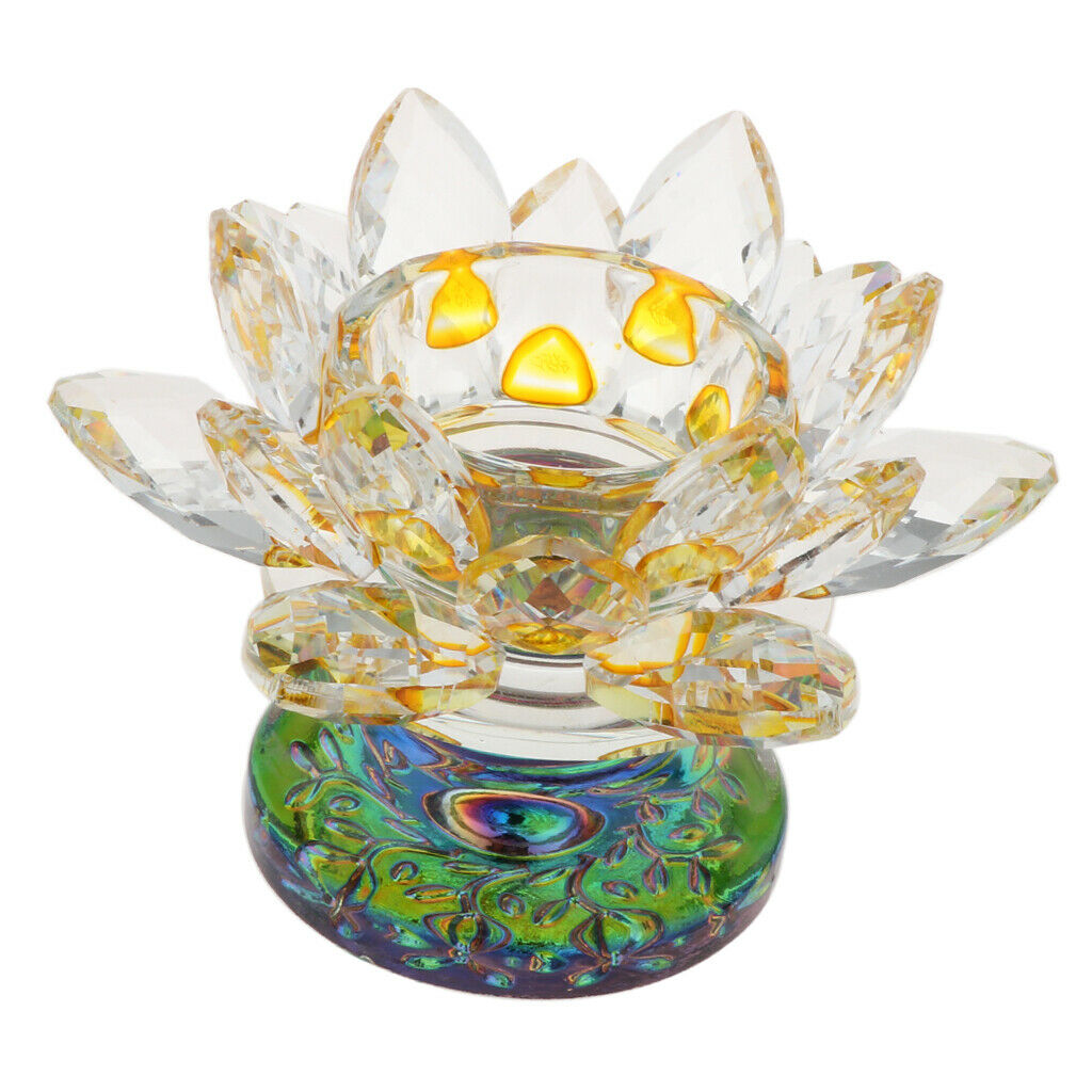7 Colors Buddhist Crystal Glass Tea Light Lotus Flower Candle Holder Yellow