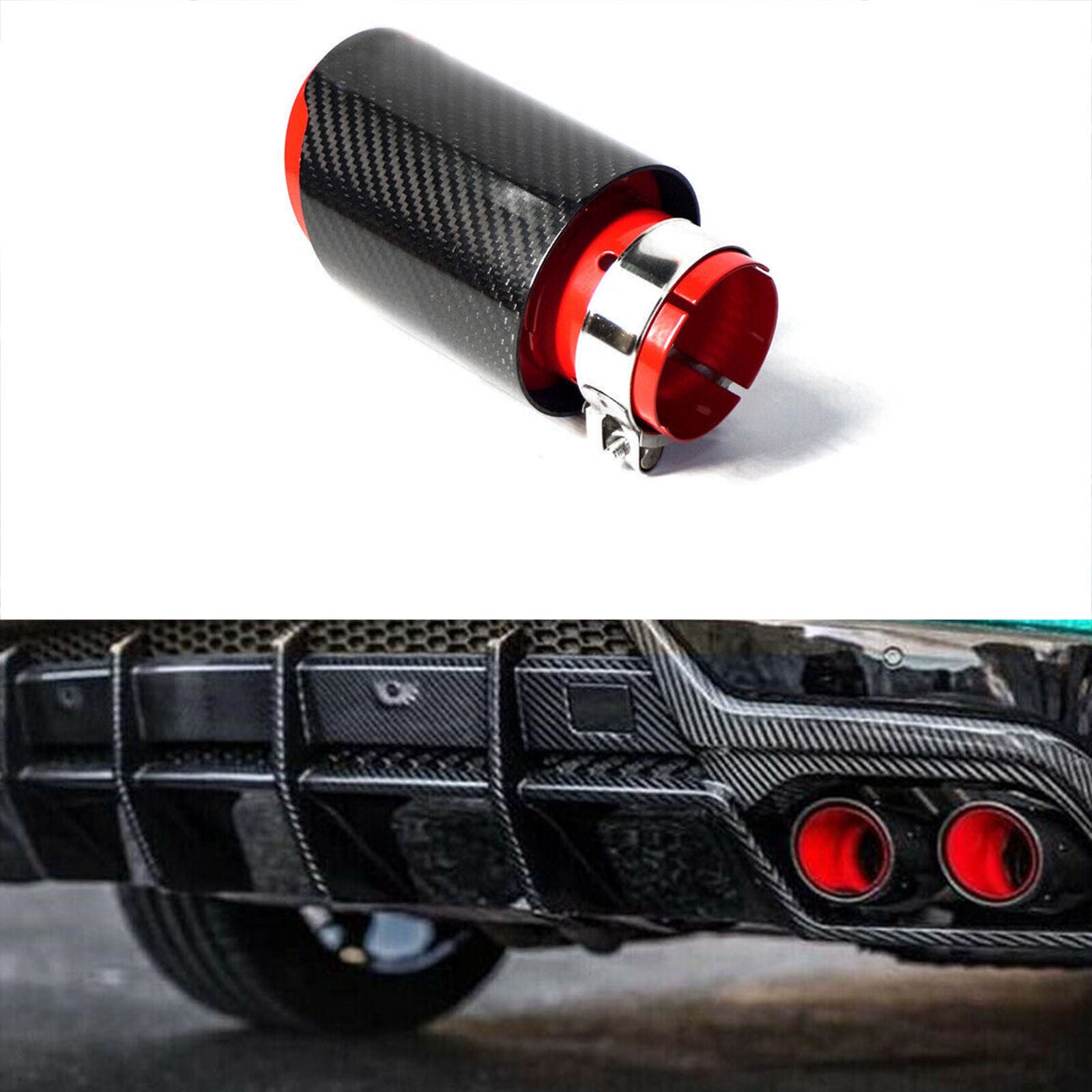 Car Exhaust Tip Muffler Pipe Red Steel Black Carbon Fiber 2.5" Inlet Universal