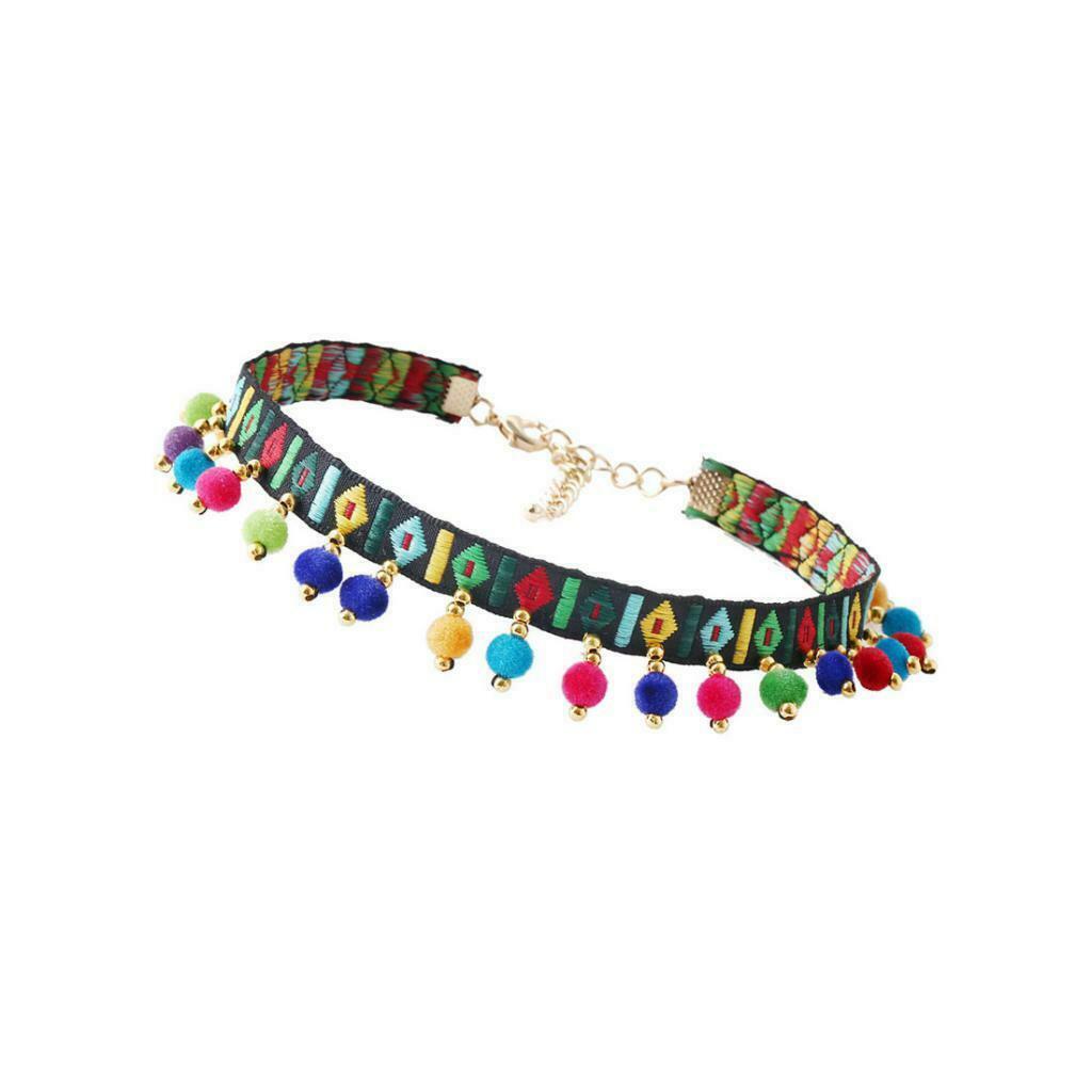 Retro Embroidery Pom Pom Ball Pendant Thin Necklace Collar