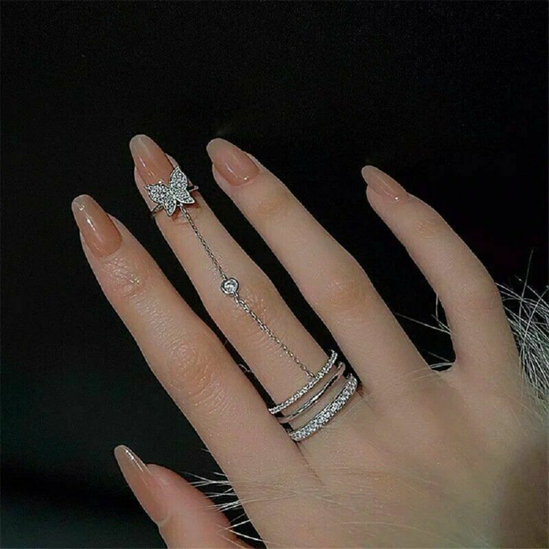 Women 925Silver Butterfly Zircon Ring Adjustable Chain Open Ring Party Jewelry.