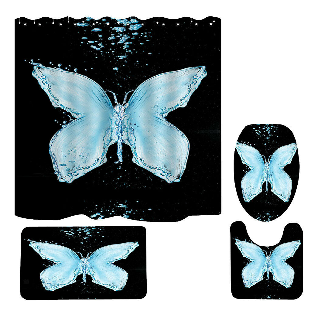 Non-Slip Bath Mat Contour Mat Toilet Lid Cover Shower Curtain Butterfly B