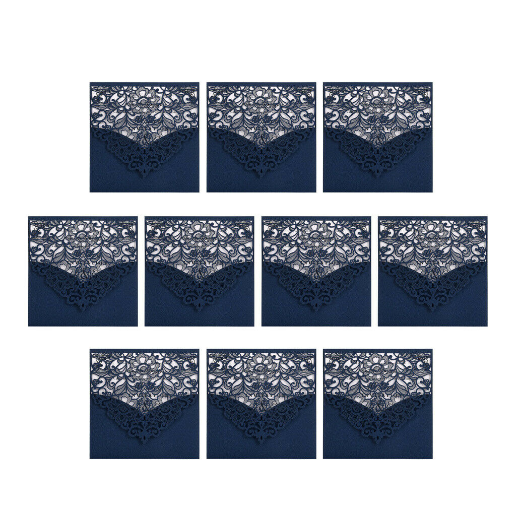 10 Sets Luxury Hollow Floral Wedding Invitation Cards with Envelope Blue
