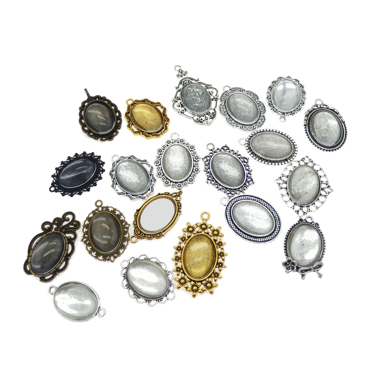 10 sets Oval Clear Glass Cabochon Base Setting Blank Bezel Frame Pendant Charm