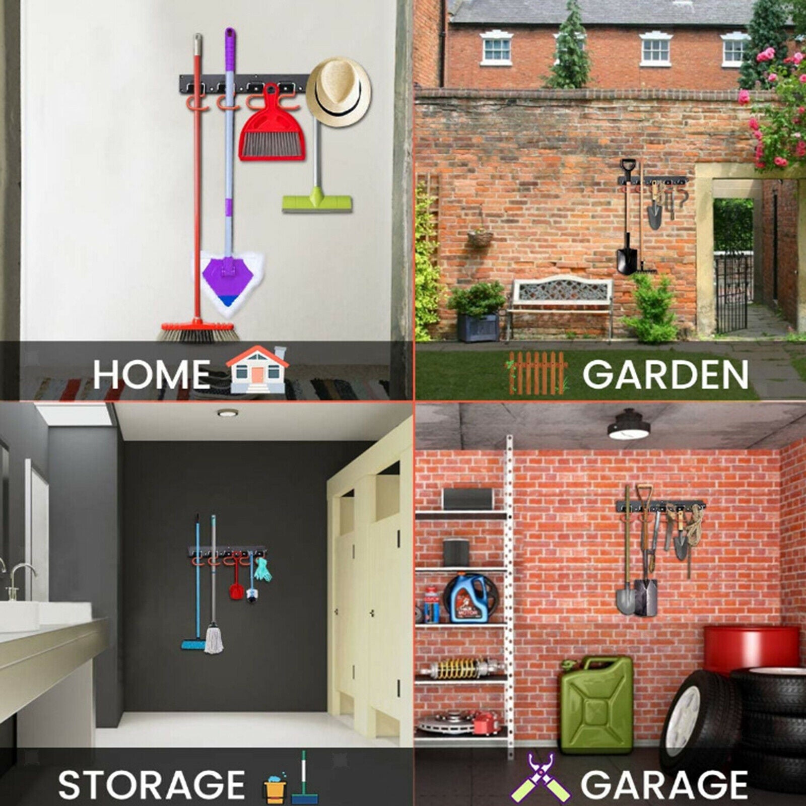 Metal Wall Shovel Storage Rack Broom Hanger Garden Tool Organiser with 5 Hooks