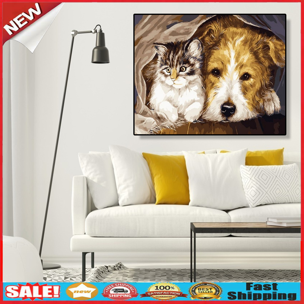 DIY Digital Oil Painting By Numbers Staying Dog Cat Acrylic Animal Picture @