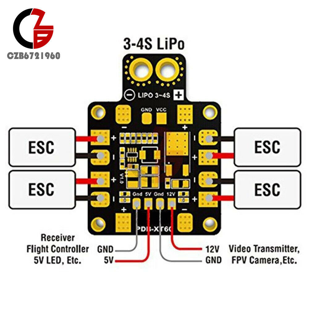 PDB-XT60 Copper Power Distribution Board with BEC 5&12V 3S 4S for RC Multirotors