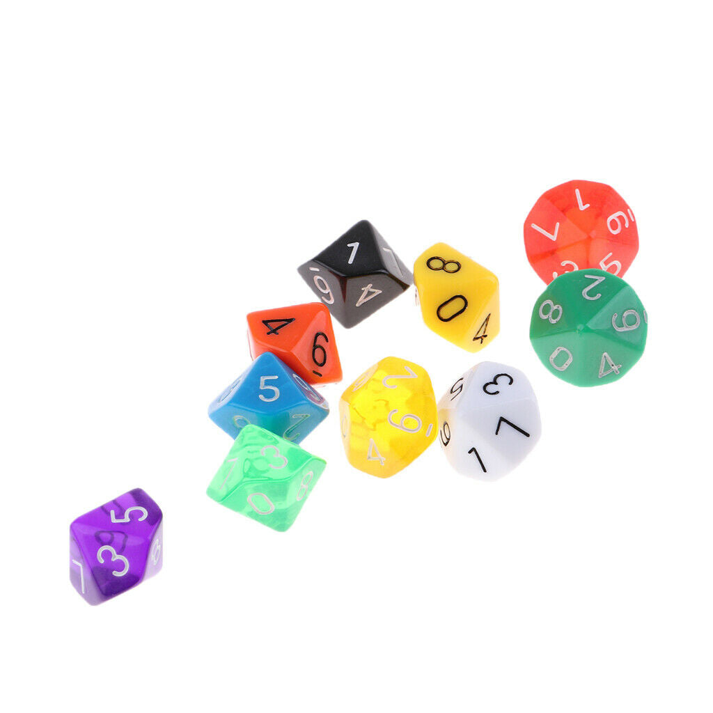 Pack of 10 Multi-Sided Acrylic Table Games Dice for Travel Pathfinder/D&D RPG