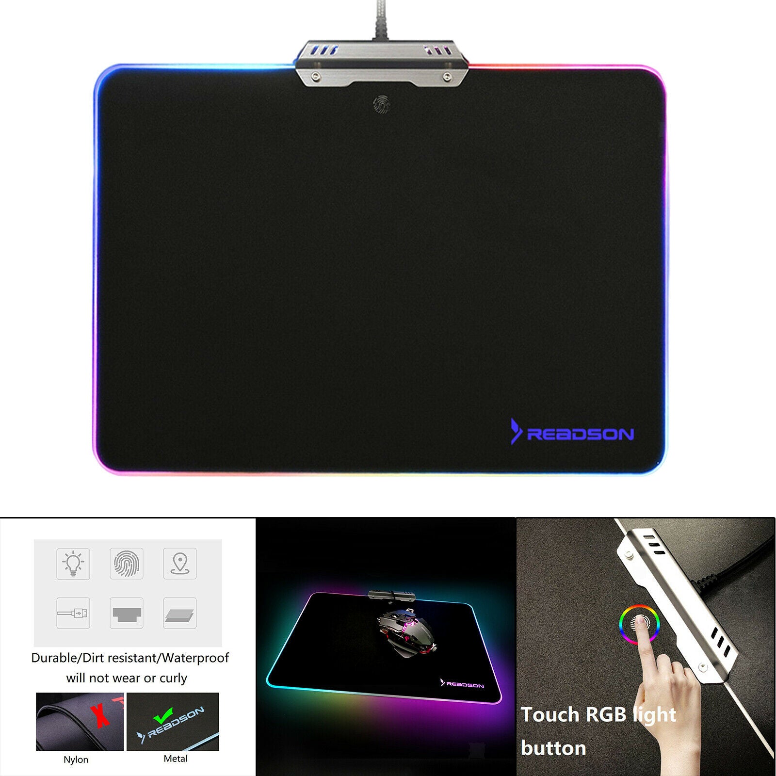 RGB Metal Mouse Pad Anti-Slip Mouse Mat Water Resistant for Office Home