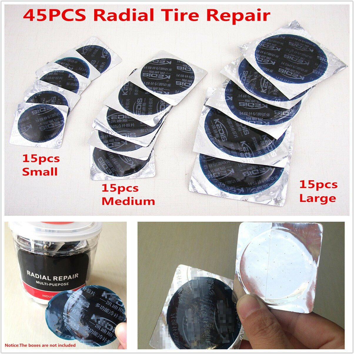 45PCS Multi Cold Patch Radial Tire Repair Round Tubeless Patch Assortment S/M/L