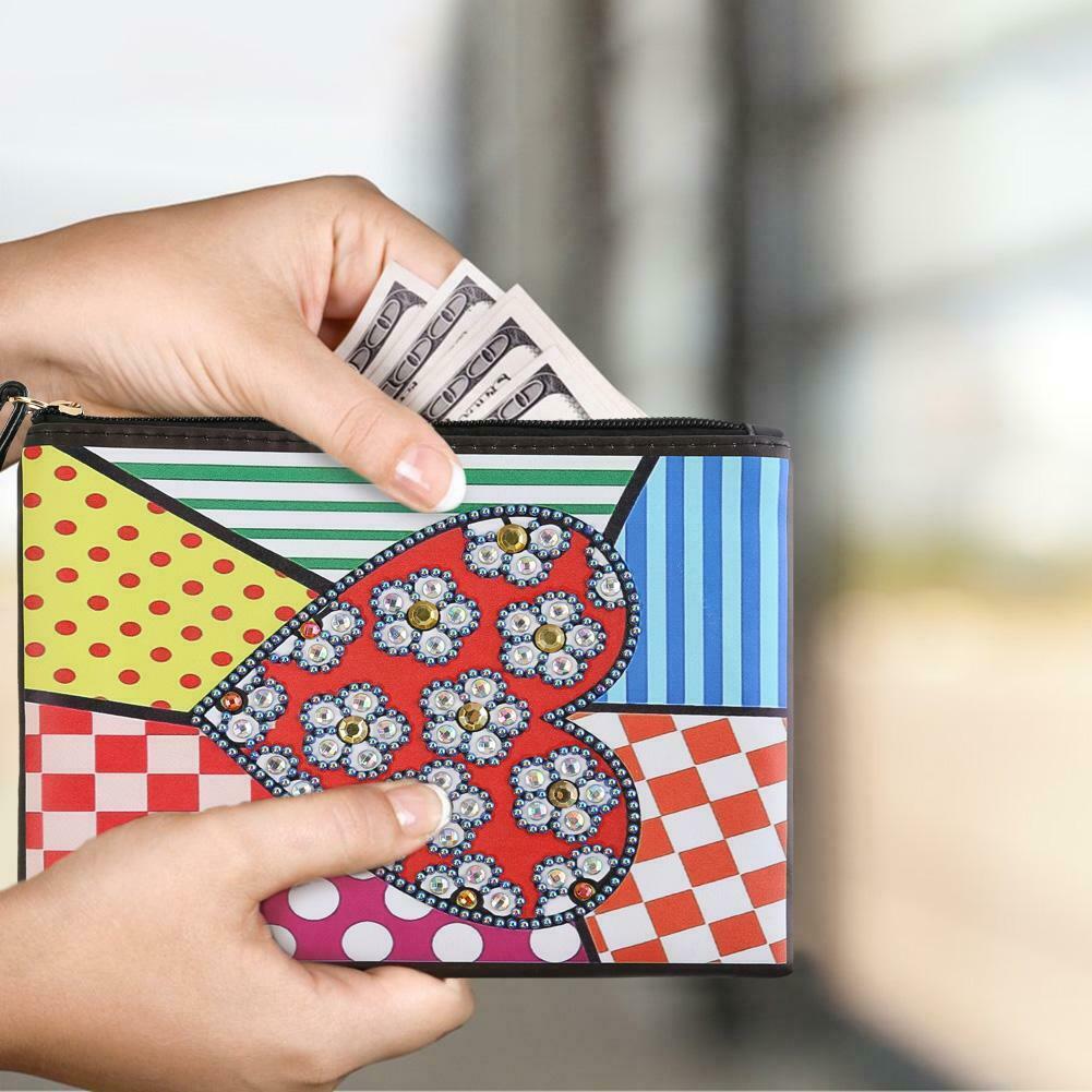 DIY Heart Special Shape Diamond Painting Women Wristlet Purse Zipper Clutch @