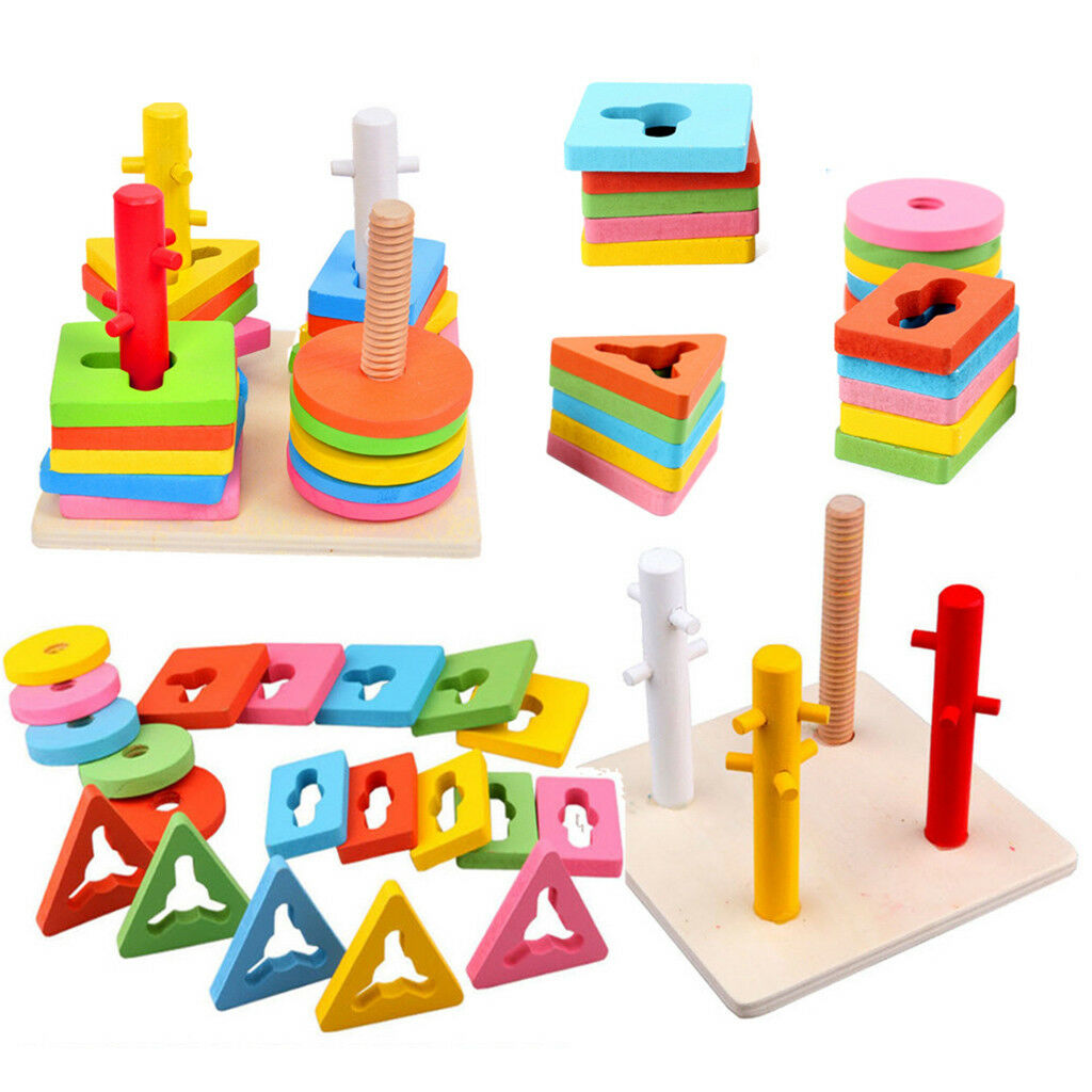 Childrens Wooden Shape Stack Sorting Board Blocks Kids Wood Puzzle Toys