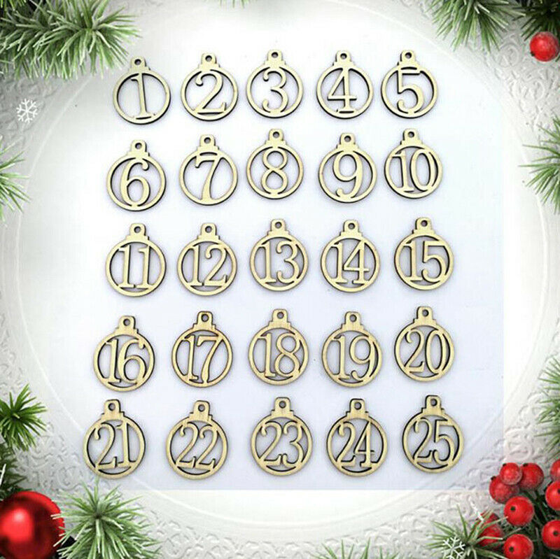 25PCs 1-25 Number Wood Christmas Calendar Tags Gift  Box Wrapping Tags Dec.l8