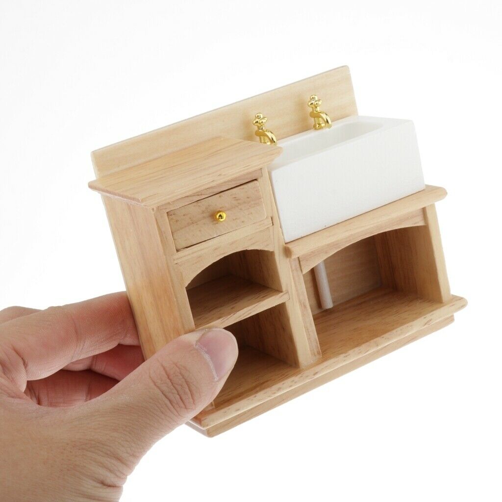 1:12 Handmade Wooden Hand Basin Sink Cabinet for Bathroom Kitchen Accessory