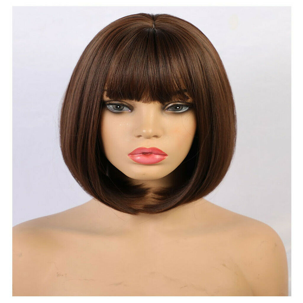 12'' Short Bob Wigs Costume Dating Party Full Wig with Neat Bangs Dark Brown