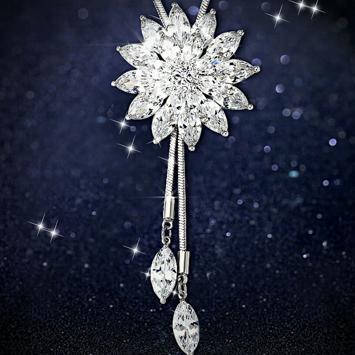 Women Rhinestone Snowflake Pendant Long Chain Sweater Necklace Jewelry Fashion