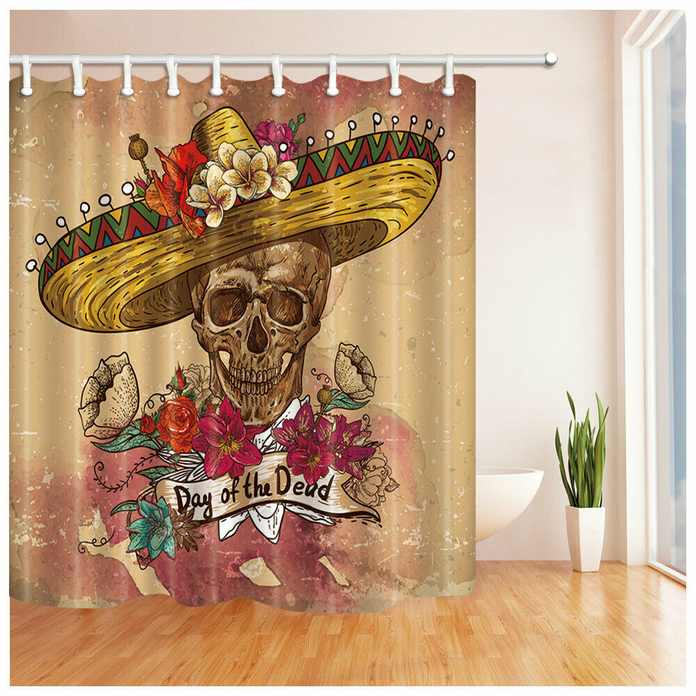 Mexico Day of The Dead Fabric Bathroom Shower Curtains & Hooks 71x71"