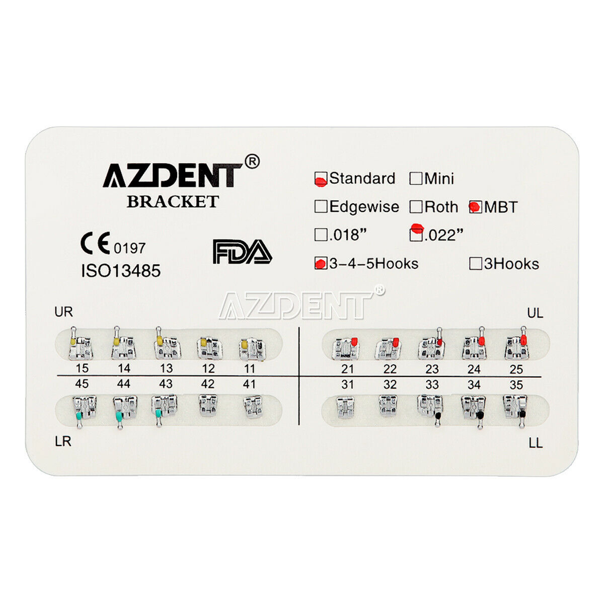 20 X AZDENT Dental Orthodontic Brackets Standard MBT Slot.022 Hooks 345 Metal