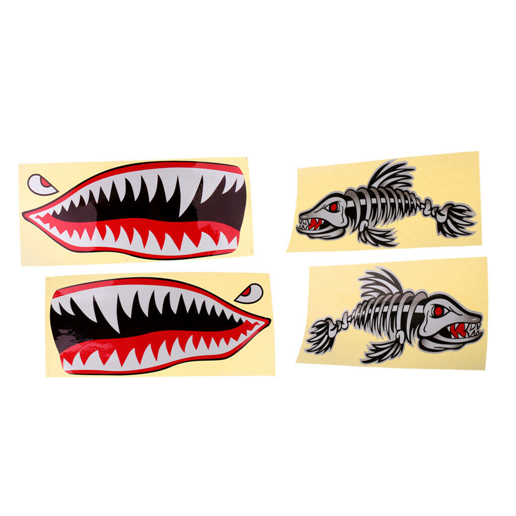 4x Funny Kayak Boat Decals - Waterproof Shark Teeth Mouth Fish Bone Stickers