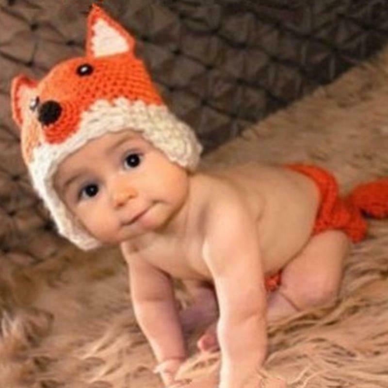 Newborn Infant Photography Props Baby Hat & Pants Costume Hand Crochet Fox Baby