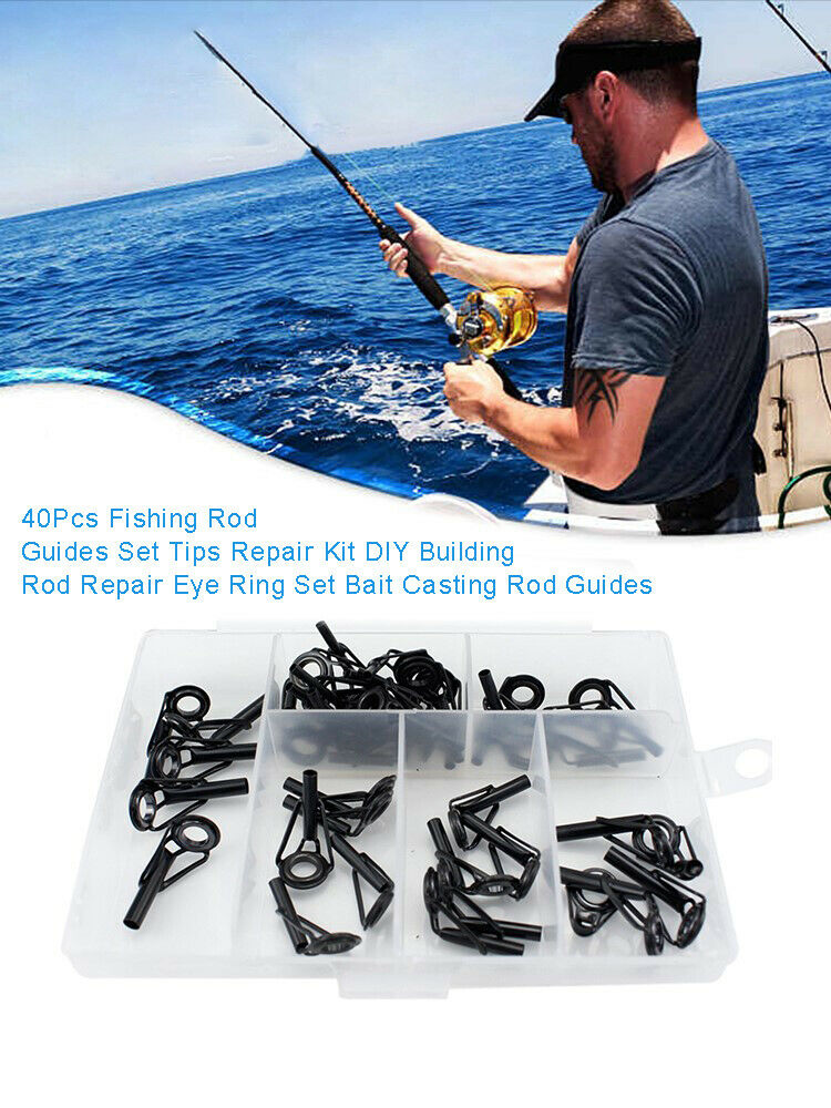 40Pcs Fishing Rod Guides Set Tips Repair Kit DIY Building Rod Repair Eye Ring LI