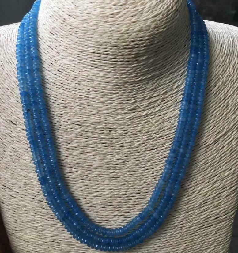 3 Rows 2X4mm Natural Faceted Aquamarine Beads Necklace 17-19''
