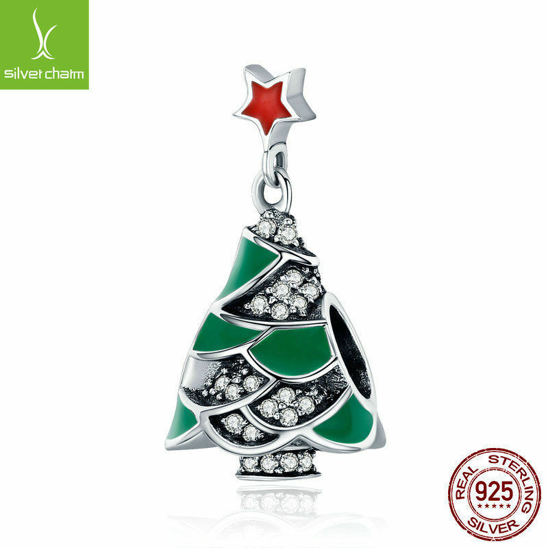 925 Sterling Christmas beads Tree & Star Clear CZ Charm Beads fit Women Bracelet