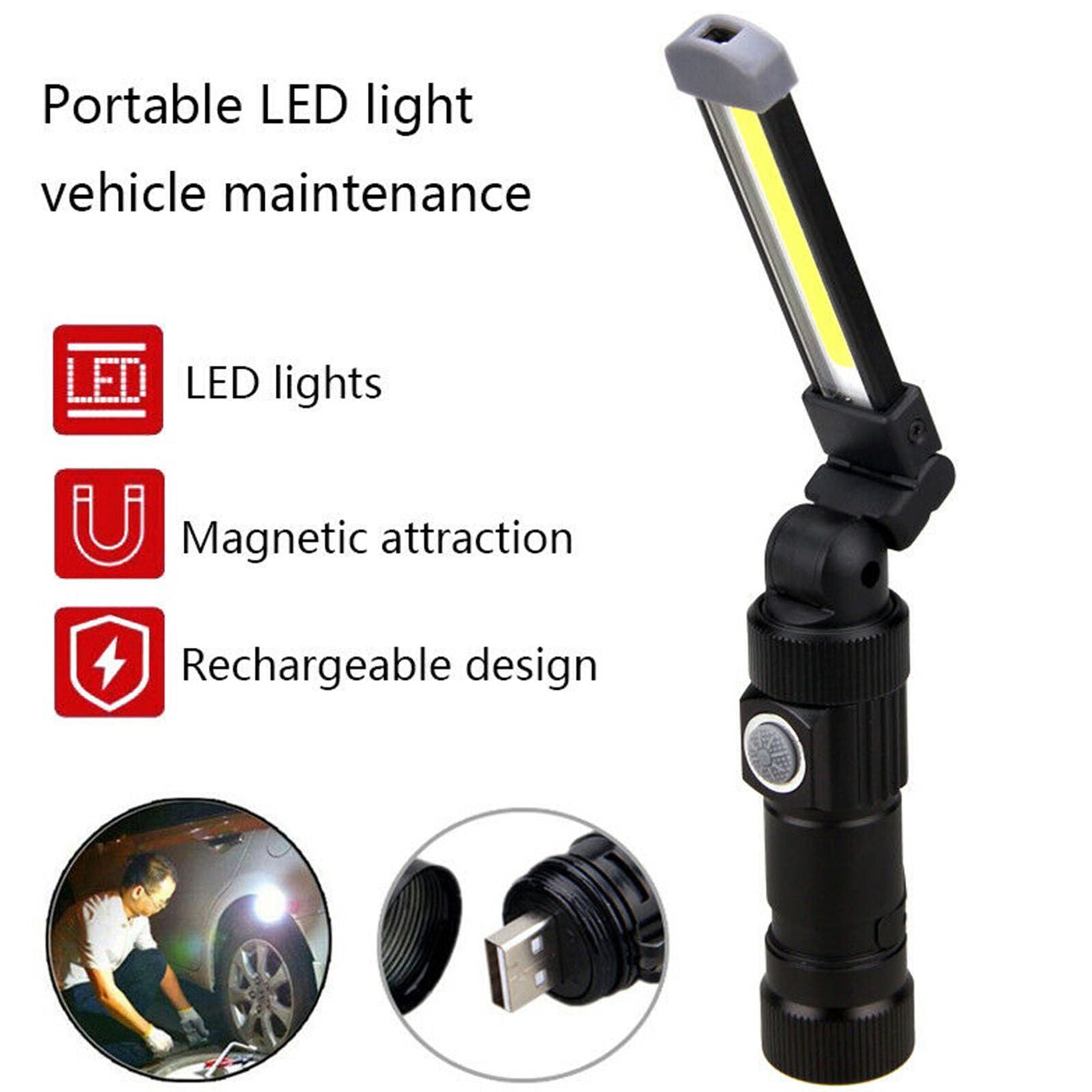 USB Rechargeable LED Flashlight Collapsible COB Portable Car Auto Work Light