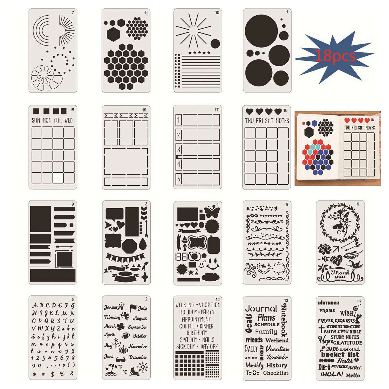 18x Paint Stencils Drawing Template Washable Reusable A5 Book Card Journal Decor