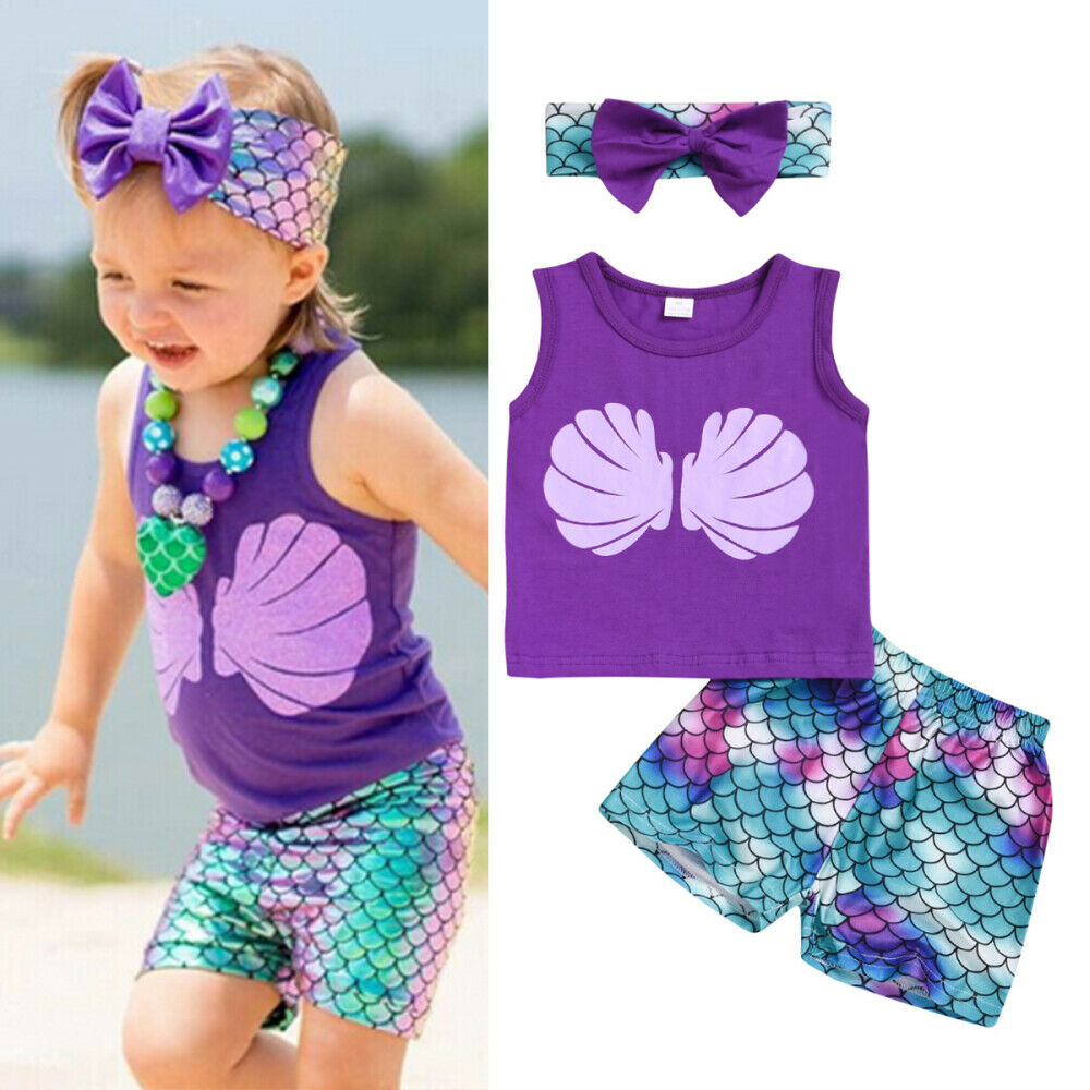 Baby Girl Clothes Mermaid Tank Top + Shorts Pants + Headband Outfit Summer Set